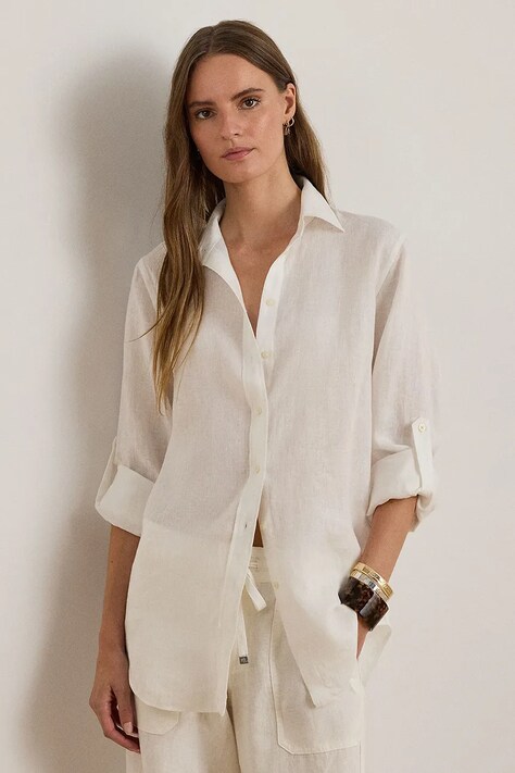 Lauren Ralph Lauren koszula lniana 200782777001 damska kolor biały regular z kołnierzykiem klasycznym
