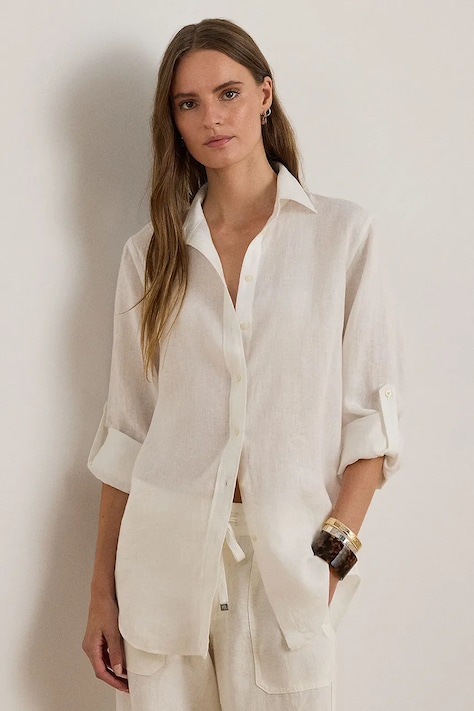 Lauren Ralph Lauren koszula lniana 200782777001 damska kolor biały regular z kołnierzykiem klasycznym