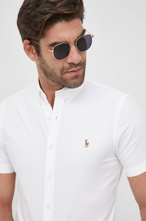 Košile Polo Ralph Lauren pánská, bílá barva, slim, s límečkem button-down