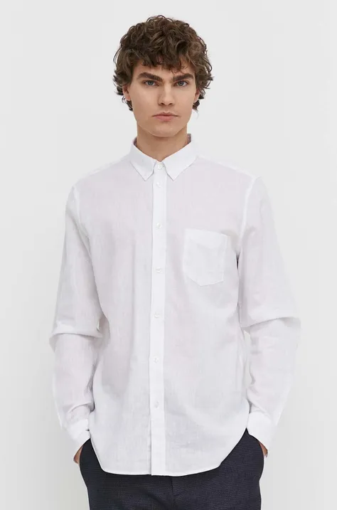 Samsoe Samsoe koszula lniana męska kolor biały regular z kołnierzykiem button-down