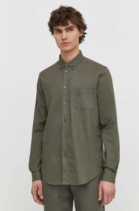 Lněná košile Samsoe Samsoe pánská, zelená barva, regular, s límečkem button-down