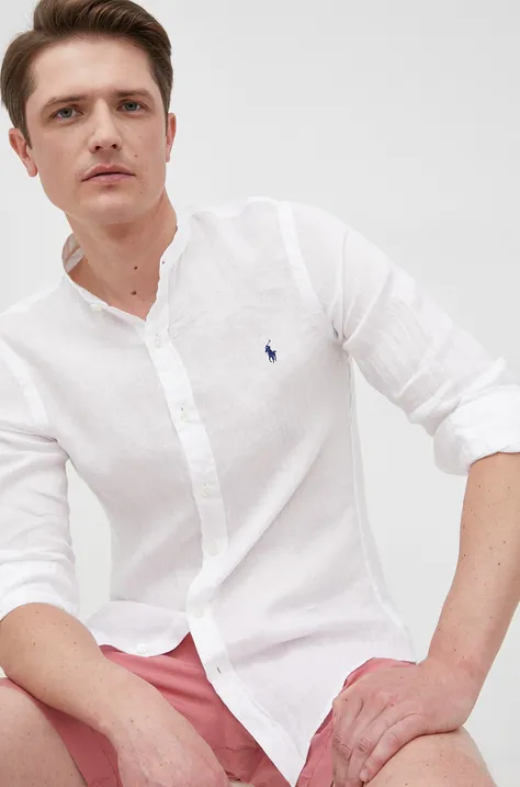Ľanová košeľa Polo Ralph Lauren pánska, biela farba, slim, so stojačikom
