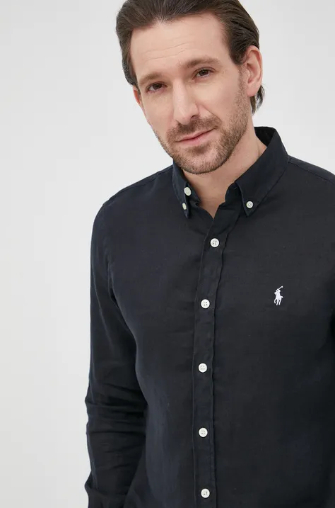 Льняная рубашка Polo Ralph Lauren мужская цвет синий slim воротник button-down