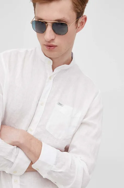 Pepe Jeans koszula lniana PATWIN męska kolor biały regular ze stójką