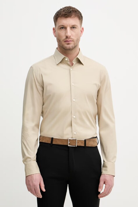 BOSS koszula męska bawełniana z elastanem H-HANK-kent-C1-214 beżowa gładka 50469345