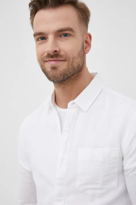 Lanena košulja Calvin Klein za muškarce, boja: bijela, slim, s klasičnim ovratnikom