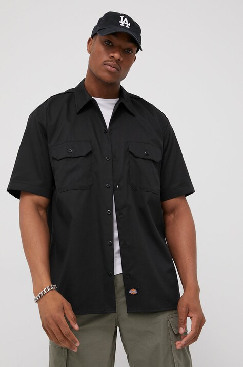 Dickies camasa barbati, culoarea negru, cu guler clasic, regular