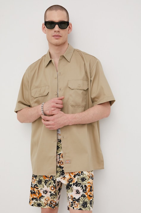 Риза Dickies мъжка в зелено със стандартна кройка с класическа яка