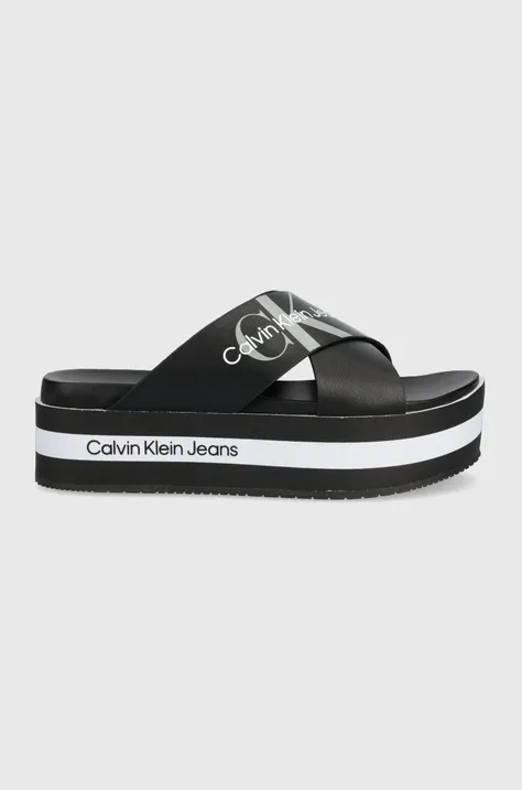 Kožené šľapky Calvin Klein Jeans dámske, čierna farba, na platforme