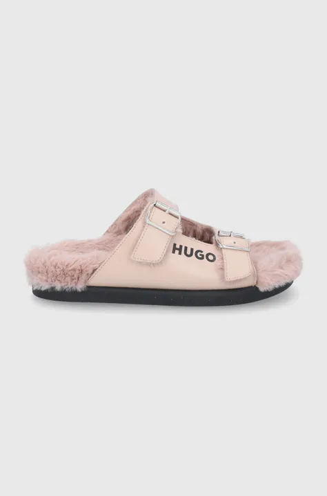 Kožené pantofle Hugo dámské, béžová barva