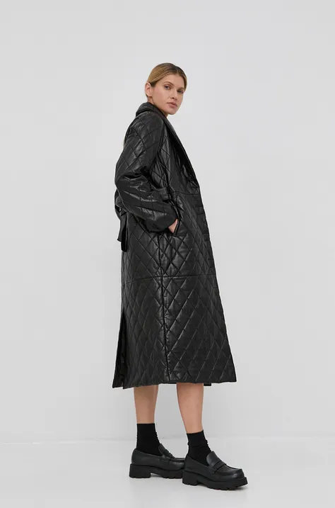 Δερμάτινο παλτό Gestuz γυναικείo, χρώμα: μαύρο