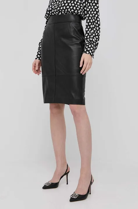 Kožená sukňa Boss čierna farba, mini, rovný strih
