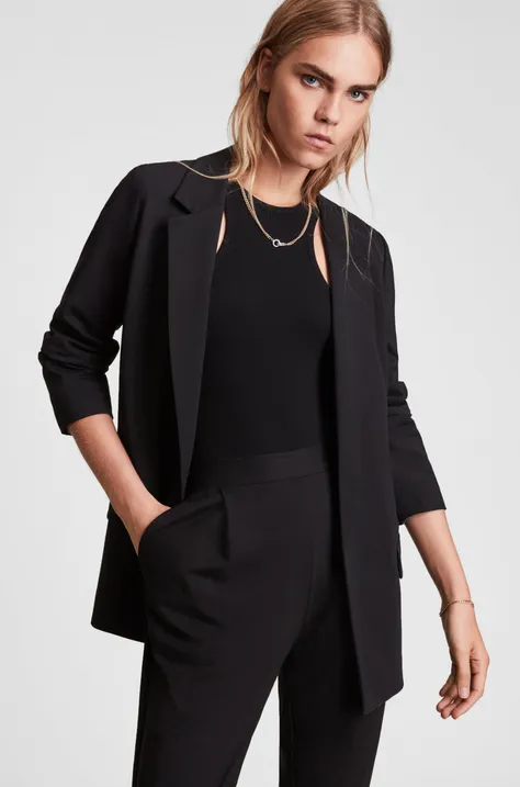 Піджак AllSaints колір чорний без застібки гладкий
