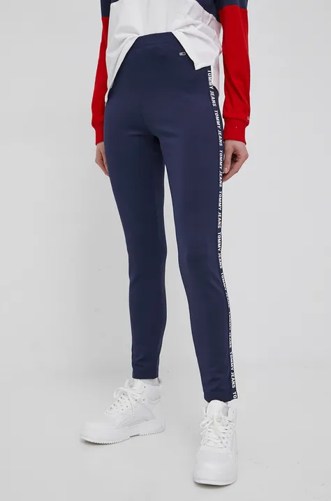 Tajice Tommy Jeans za žene, boja: tamno plava, s aplikacijom