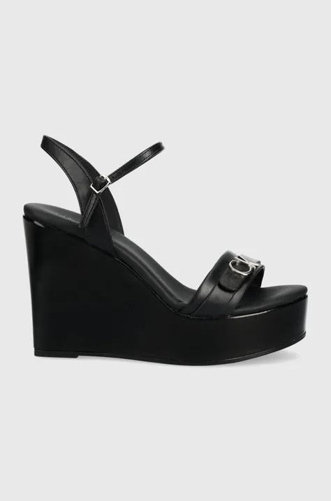 Kožené sandále Calvin Klein dámske, čierna farba, na kline
