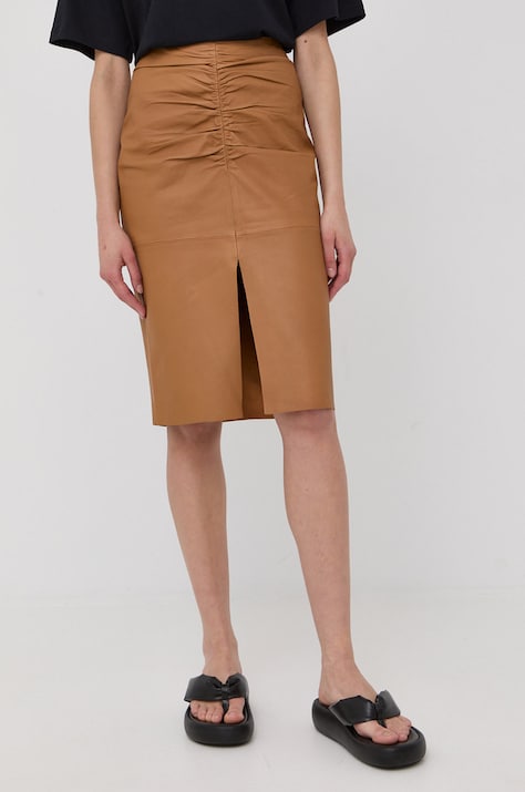 Kožená sukňa Notes du Nord žltá farba, midi, puzdrová