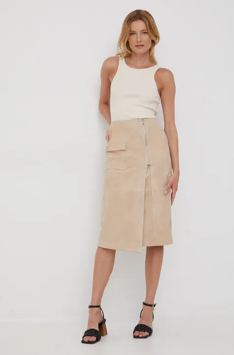 Semišová sukňa Calvin Klein béžová farba, midi, rovný strih