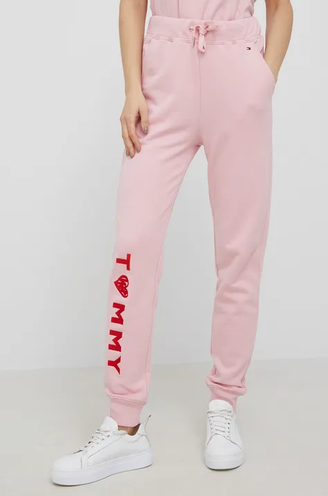 Tommy Hilfiger pantaloni de bumbac femei, culoarea roz, cu imprimeu