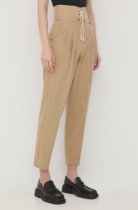 Twinset pantaloni de bumbac femei, culoarea bej, fason chinos, high waist