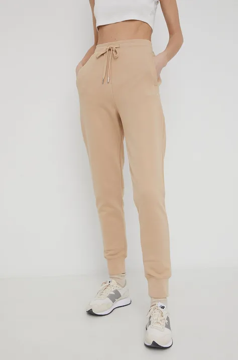 Памучен панталон Woolrich дамско в бежово с изчистен дизайн
