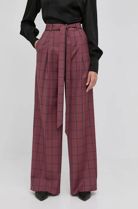 Vunene hlače Custommade za žene, boja: bordo, široke, visoki struk