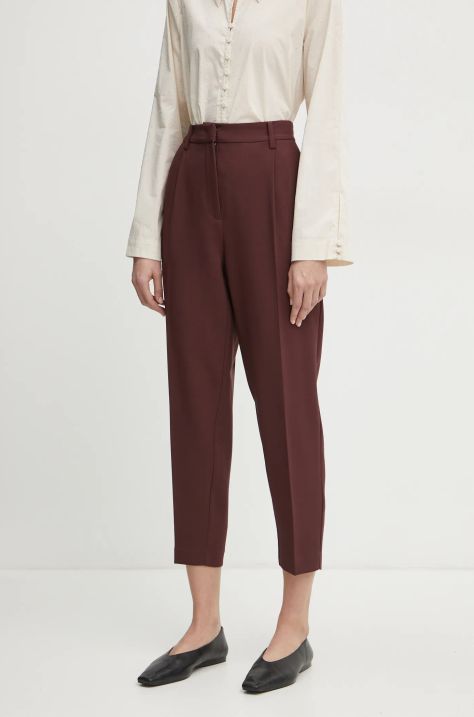 Nohavice Bruuns Bazaar CindySus Dagny pants dámske, hnedá farba, priliehavé, vysoký pás, BBW2393