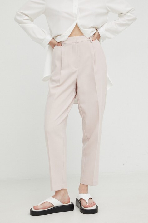 Nohavice Bruuns Bazaar CindySus Dagny pants dámske, ružová farba, priliehavé, vysoký pás, BBW2393