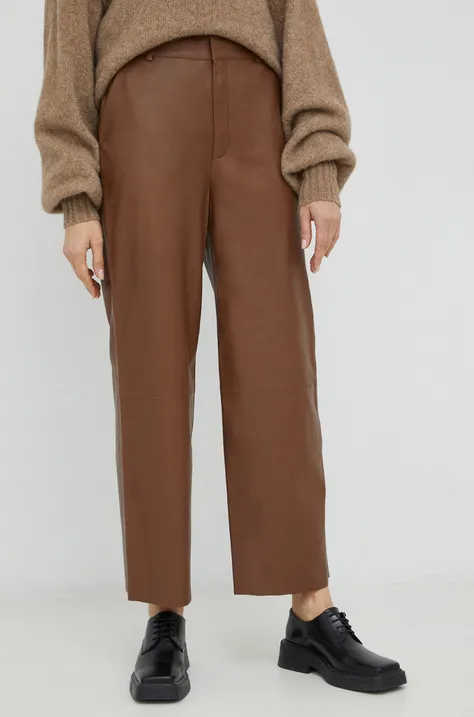 Gestuz spodnie skórzane damskie kolor brązowy proste high waist