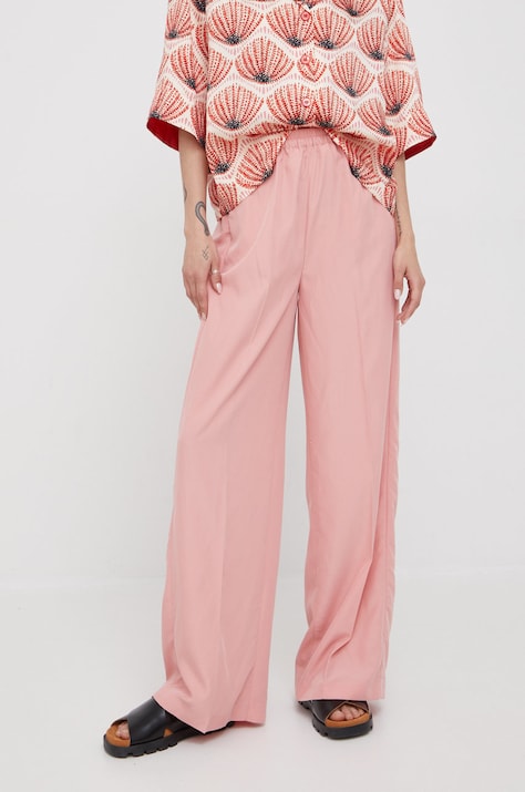 Sisley spodnie damskie kolor różowy proste high waist