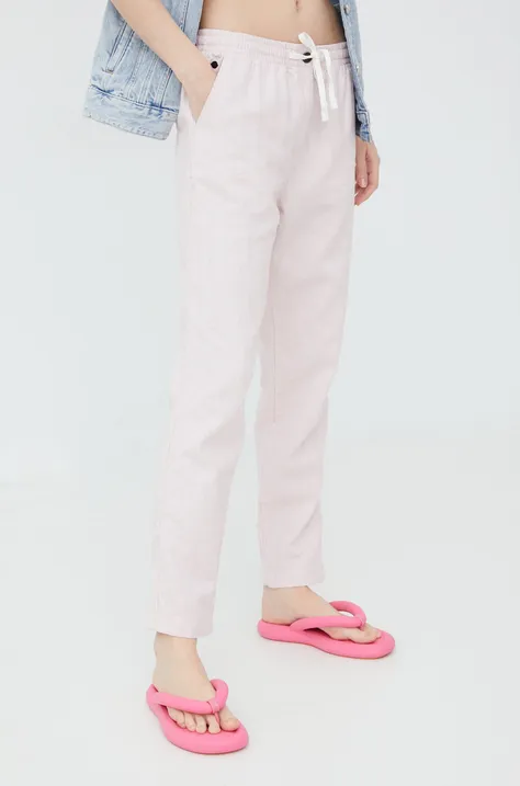 Superdry spodnie lniane damskie kolor różowy proste high waist