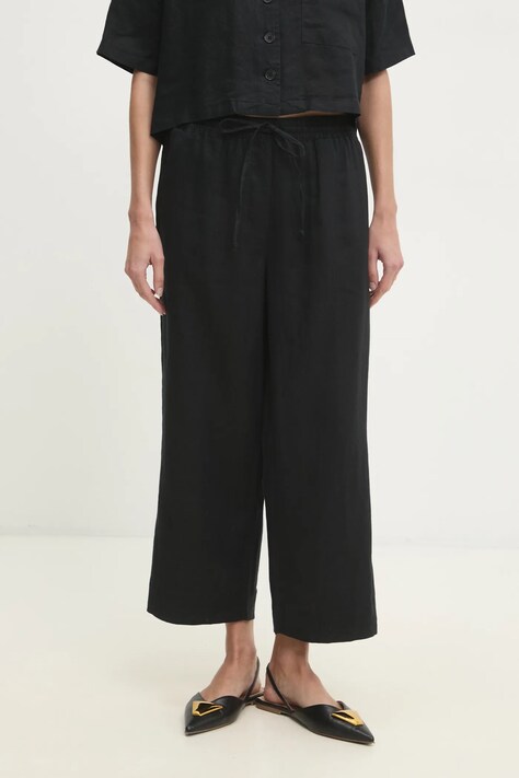 Lněné kalhoty Dkny dámské, černá barva, široké, high waist