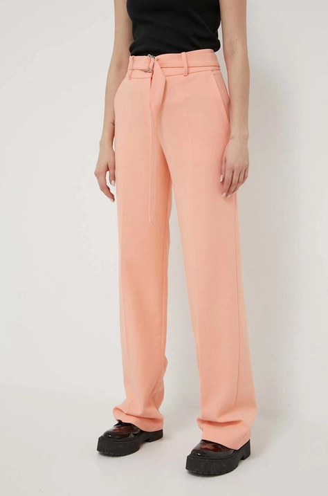 HUGO pantaloni femei, culoarea alb, lat, high waist