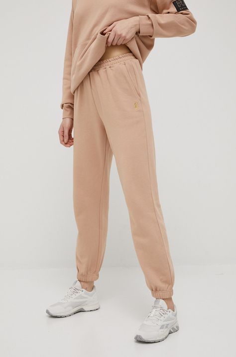 P.E Nation pantaloni de bumbac femei, culoarea bej, neted