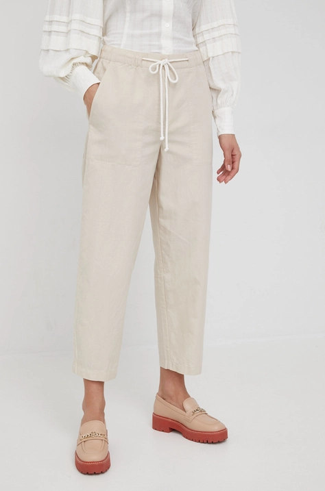 Marc O'Polo pantaloni din amestec de in femei, culoarea bej, drept, high waist