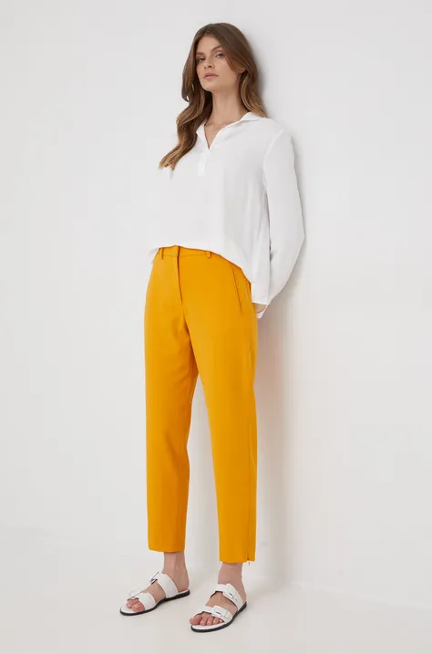 Nohavice s prímesou vlny Calvin Klein dámske, oranžová farba, rovné, vysoký pás