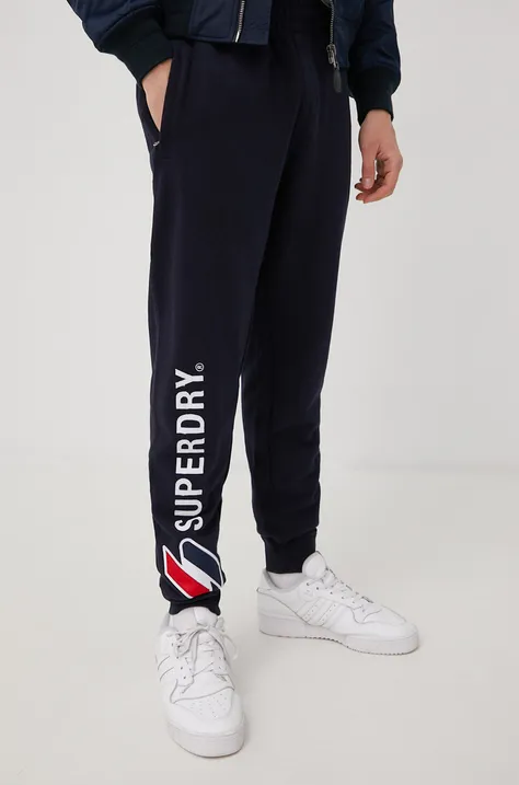 Superdry pantaloni de trening barbati, culoarea albastru marin, neted