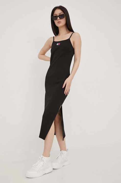 Tommy Jeans rochie culoarea negru, midi, mulata