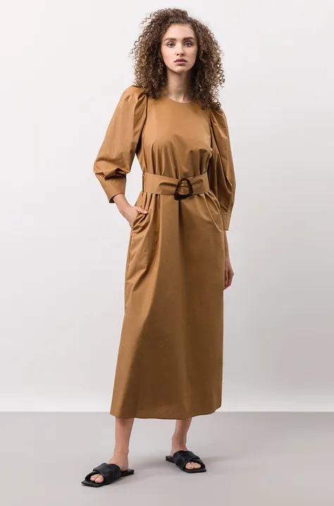 Pamučna haljina Ivy Oak boja: smeđa, midi, širi se prema dolje