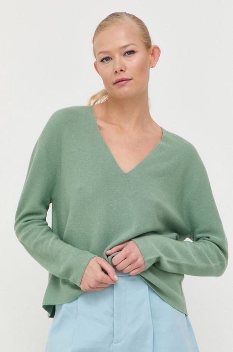 BOSS pulóver kasmír keverékből könnyű, női, zöld