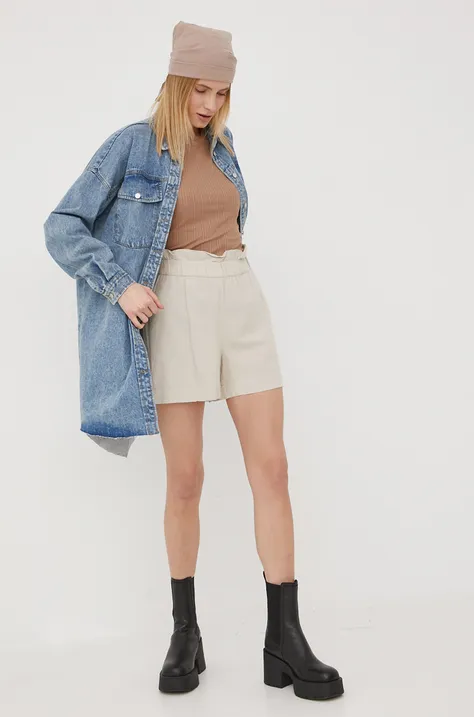 Kratke hlače s dodatkom lana Vero Moda za žene, boja: bež, glatki materijal, visoki struk
