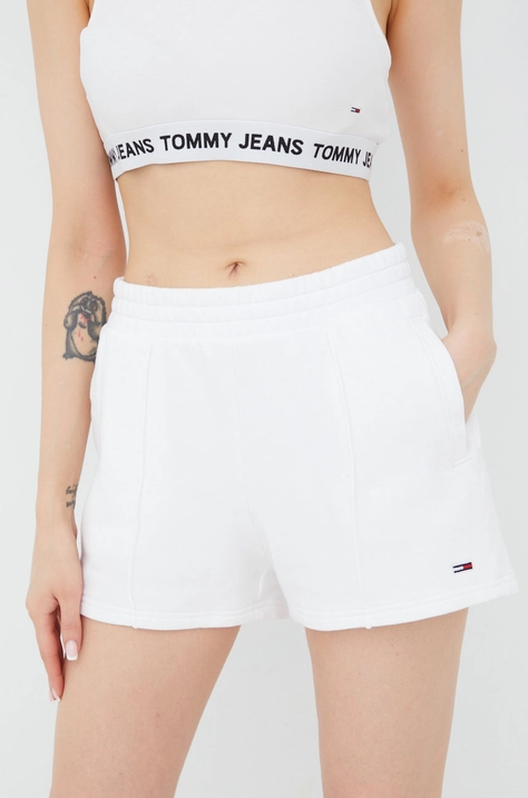 Bombažne kratke hlače Tommy Jeans žensko, bela barva,