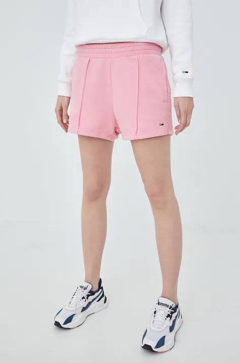 Pamučne kratke hlače Tommy Jeans za žene, boja: ružičasta, glatki materijal, visoki struk