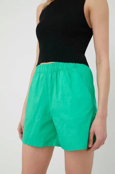 Noisy May pantaloni scurti din bumbac femei, culoarea verde, neted, high waist