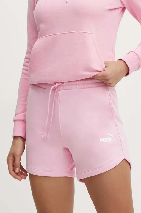 Šortky Puma Essentials dámske, ružová farba, jednofarebné, vysoký pás