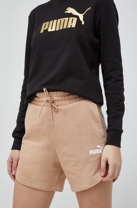 Puma pantaloni scurți Essentials femei, culoarea bej, uni, high waist 848339