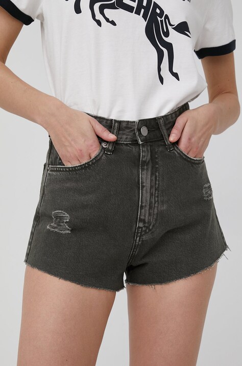 Dr. Denim pantaloni scurti jeans femei, culoarea verde, neted, high waist