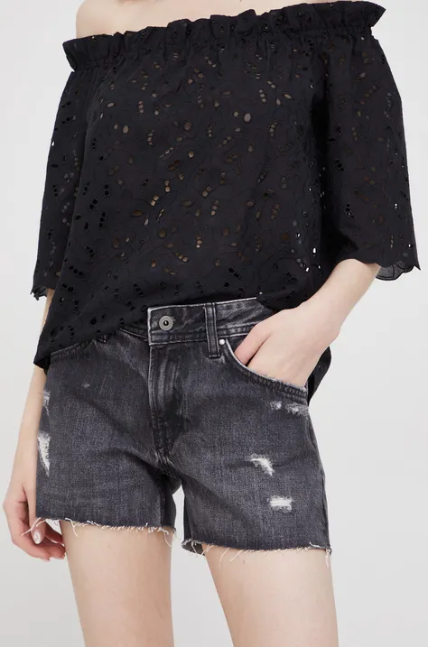 Traper kratke hlače Pepe Jeans Thrasher za žene, boja: crna, glatki materijal, srednje visoki struk