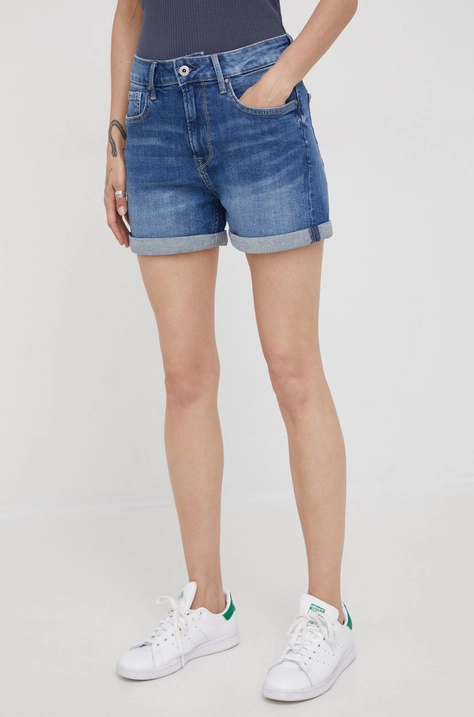 Rifľové krátke nohavice Pepe Jeans Mary Short dámske, tmavomodrá farba, jednofarebné, vysoký pás