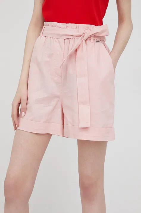 Pepe Jeans szorty z domieszką lnu MURIEL damskie kolor różowy gładkie high waist