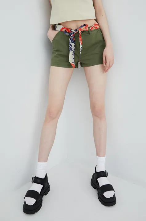 Superdry pantaloni scurti femei, culoarea verde, neted, medium waist